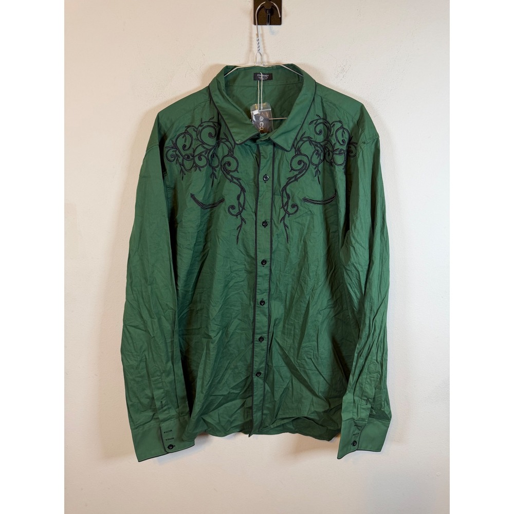 Coofandy Mens Button Down Shirt Embroidered Western Scroll Green XXL NWT